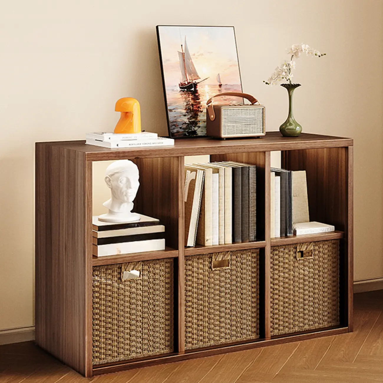 Modern Steel Cube Bookcase with Fabric Bins