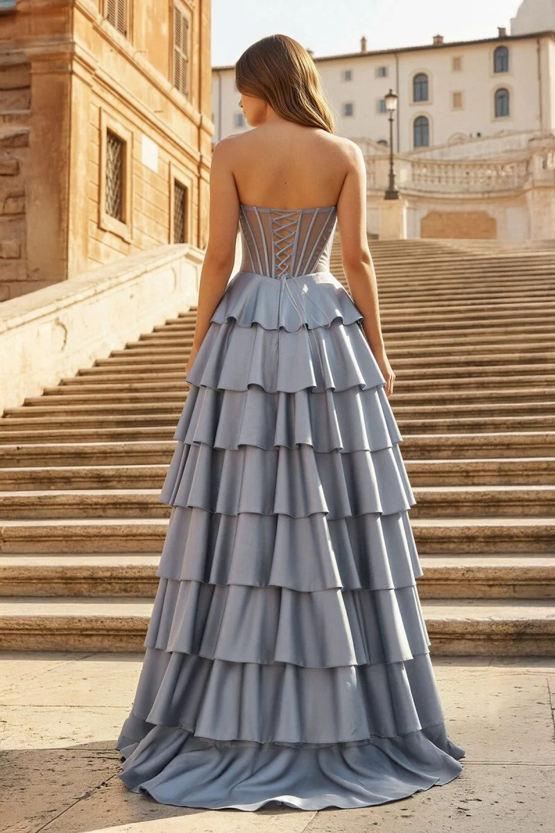 Gray Strapless A Line Satin Ruffled Long Prom Dresses With Slit