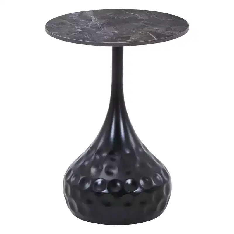 LeisureMod Hada 15 Round Sintered Stone Side Table, Modern Artisan Hammered Metal Pedestal Accent End Table Luxury Marble Style Table for Living Room