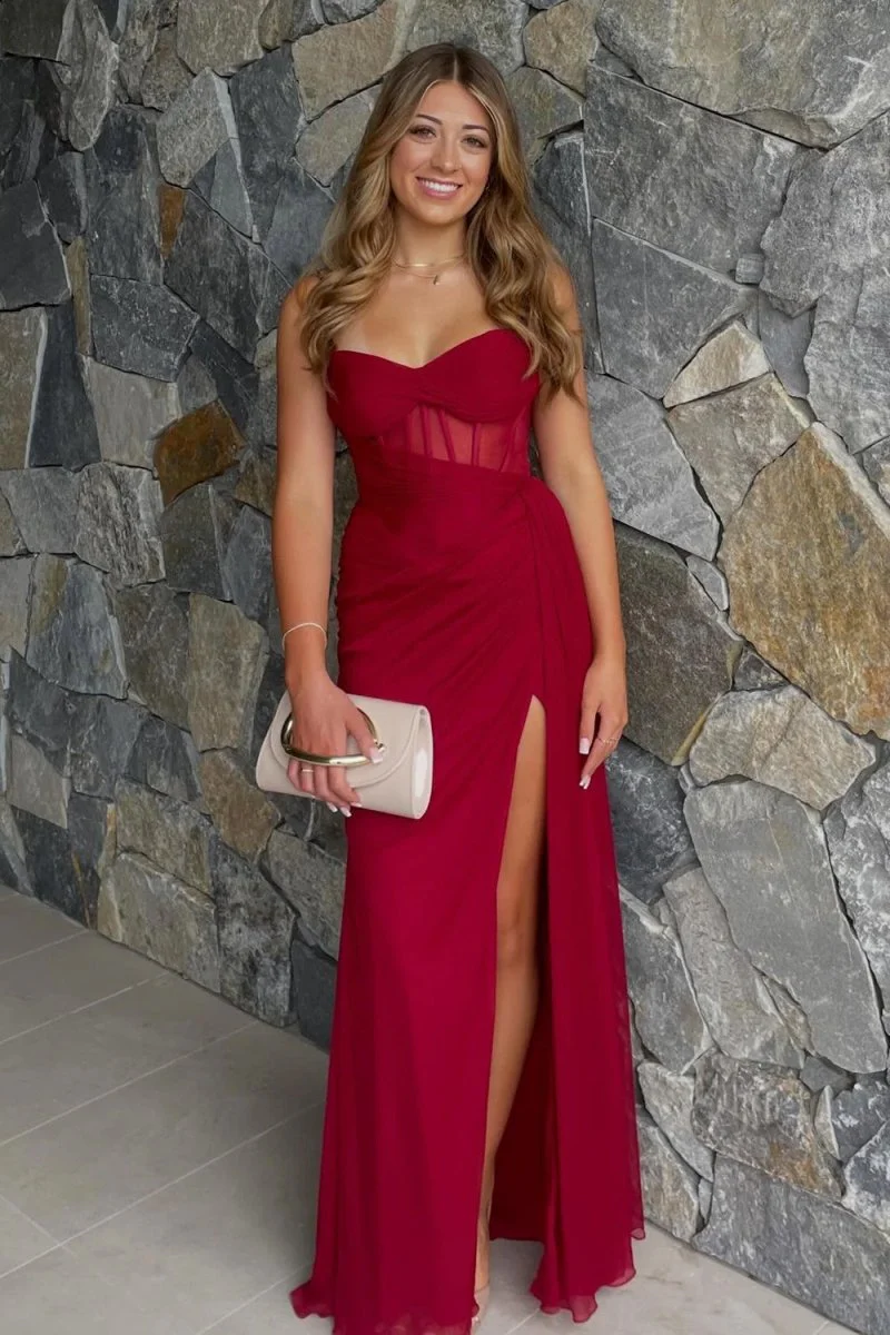 Yellow Strapless Sheath Pleated Long Prom Dresses With Slit