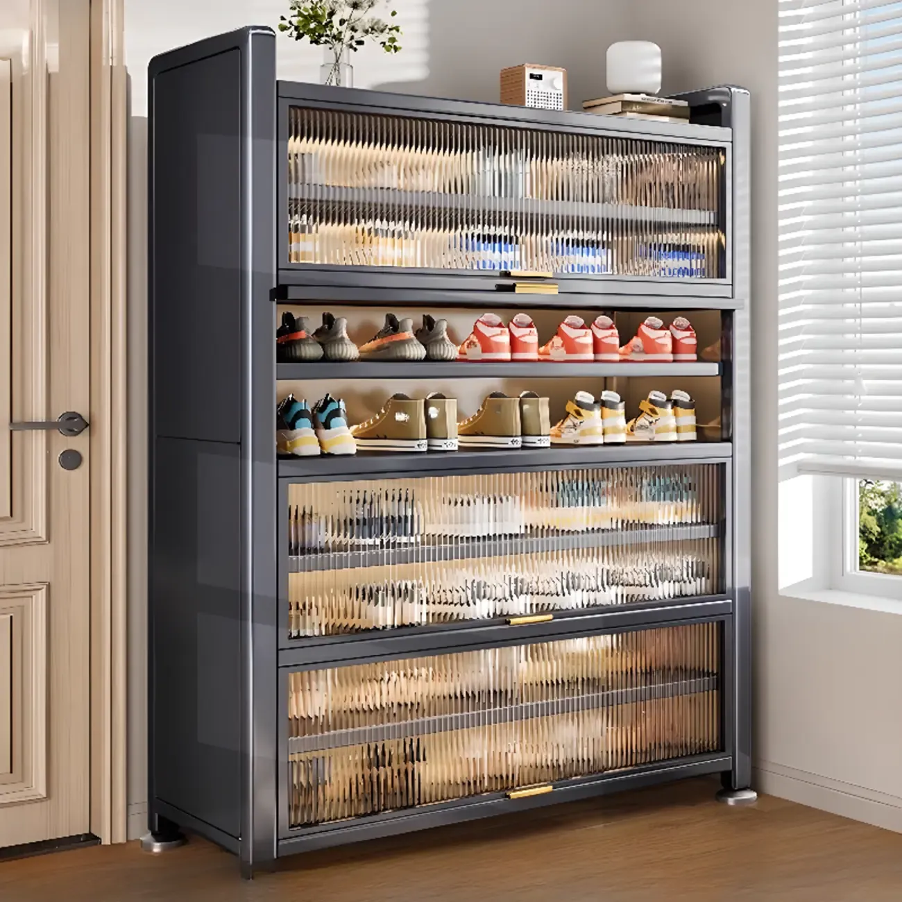 Adjustable Flip-up Door Gun Gray Metal Storage Shoe Rack