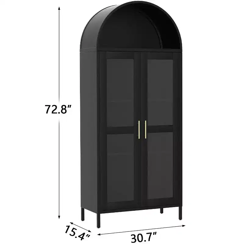 GustoWave Modern Arched Metal Cabinet with Glass Doors & 2 Adjustable Shelves, Freestanding Pantry Storage  Display Organizer