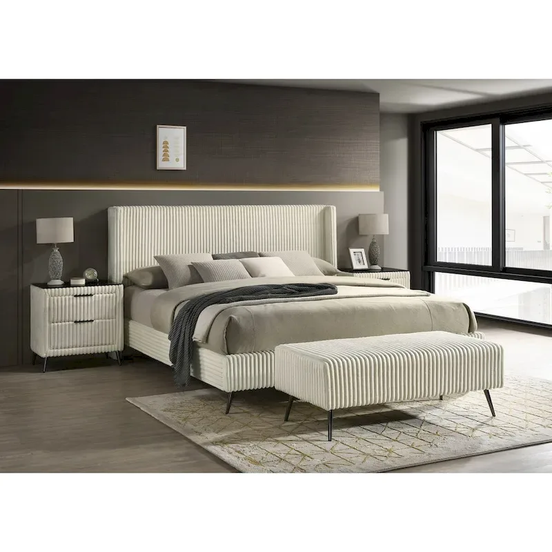 Roundhill Furniture Mavela Wide Wale Corduroy Upholstery Panel Bed with 2 Nightstands and Bench, Cream