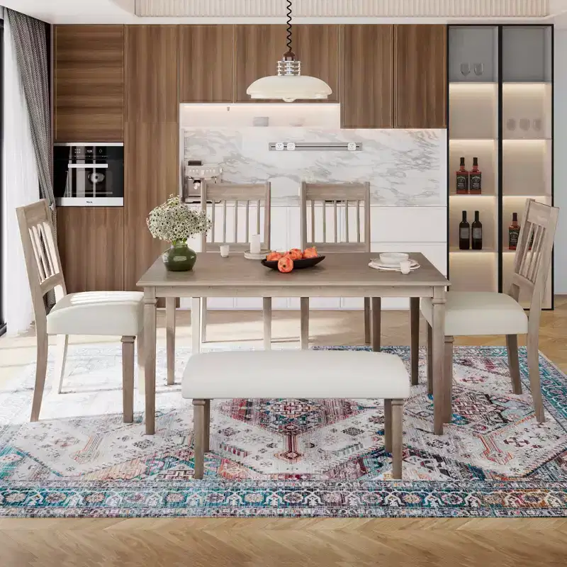 MAYEERTY 6-Piece Retro Dining Set, Wooden Table, 4 Chairs & Bench