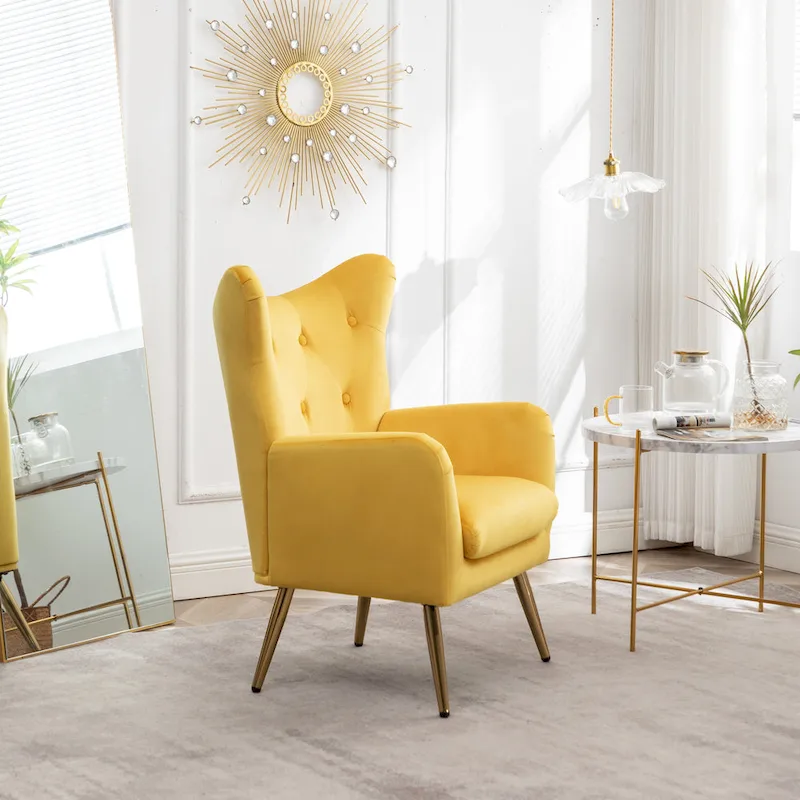 Yellow 30.25 Velvet Button Tufted Accent Chair with Gold Legs