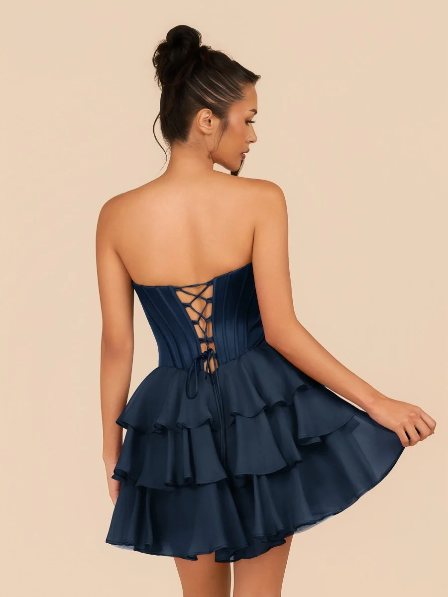 Navy Blue – Strapless A-Line Ruffles Homecoming Dress with Beading