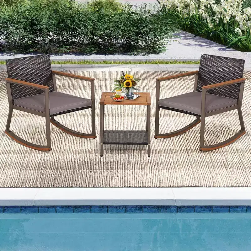 Costway 3 PCS Patio Rattan Rocking Chair Bistro Set Armrest Cushion Table with Storage Shelf Navy/Grey/Off White