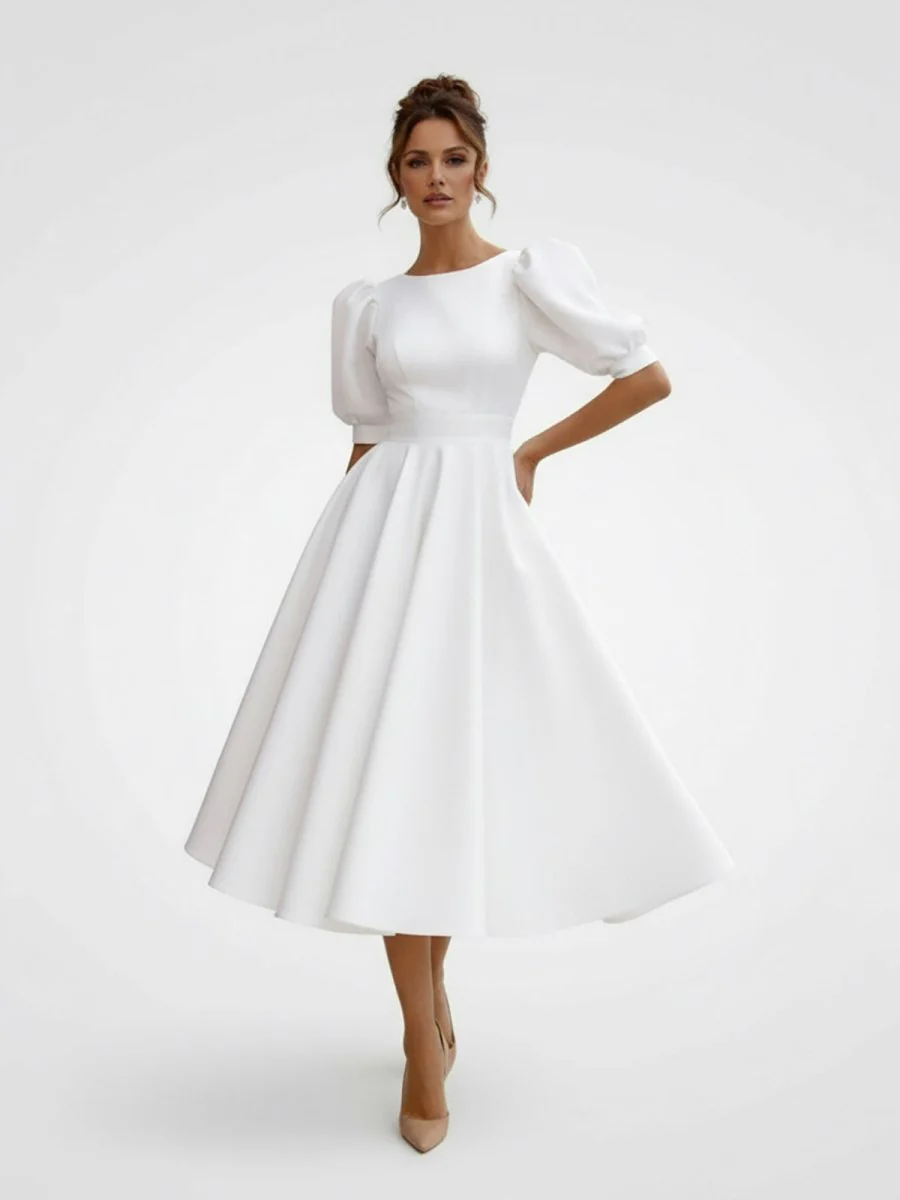 Elegant Bateau A Line Satin Knee-length Wedding Dress