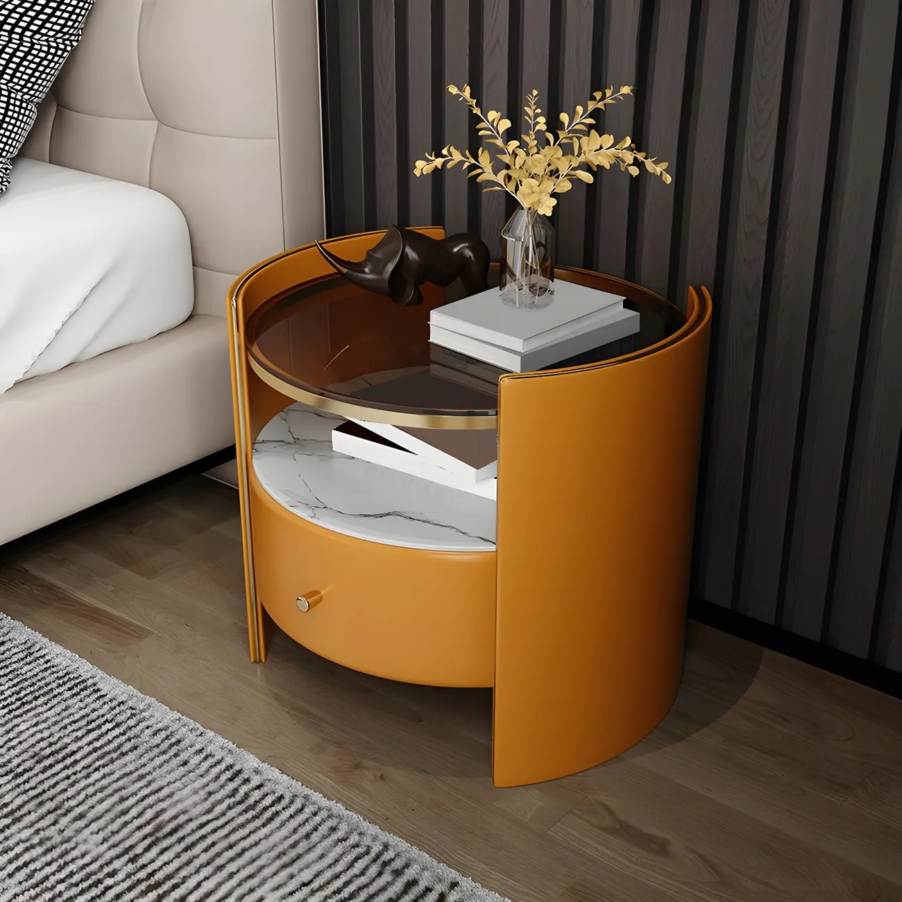 Luxury Glass Top Nightstand with Drawer Storage and Open Cubby