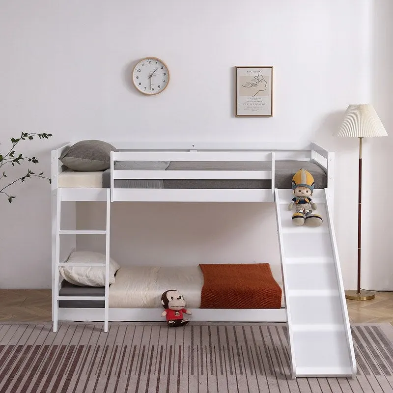 White Low Bunk Bed with Slide & Guard Rail, Twin/Twin, Pine, 2-Person