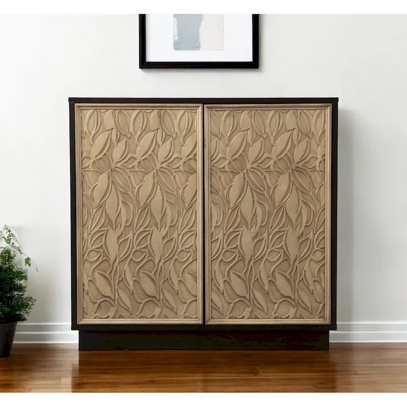 HomeRoots 32 Dark Brown And Natural Carved Floral Sideboard with Two Doors