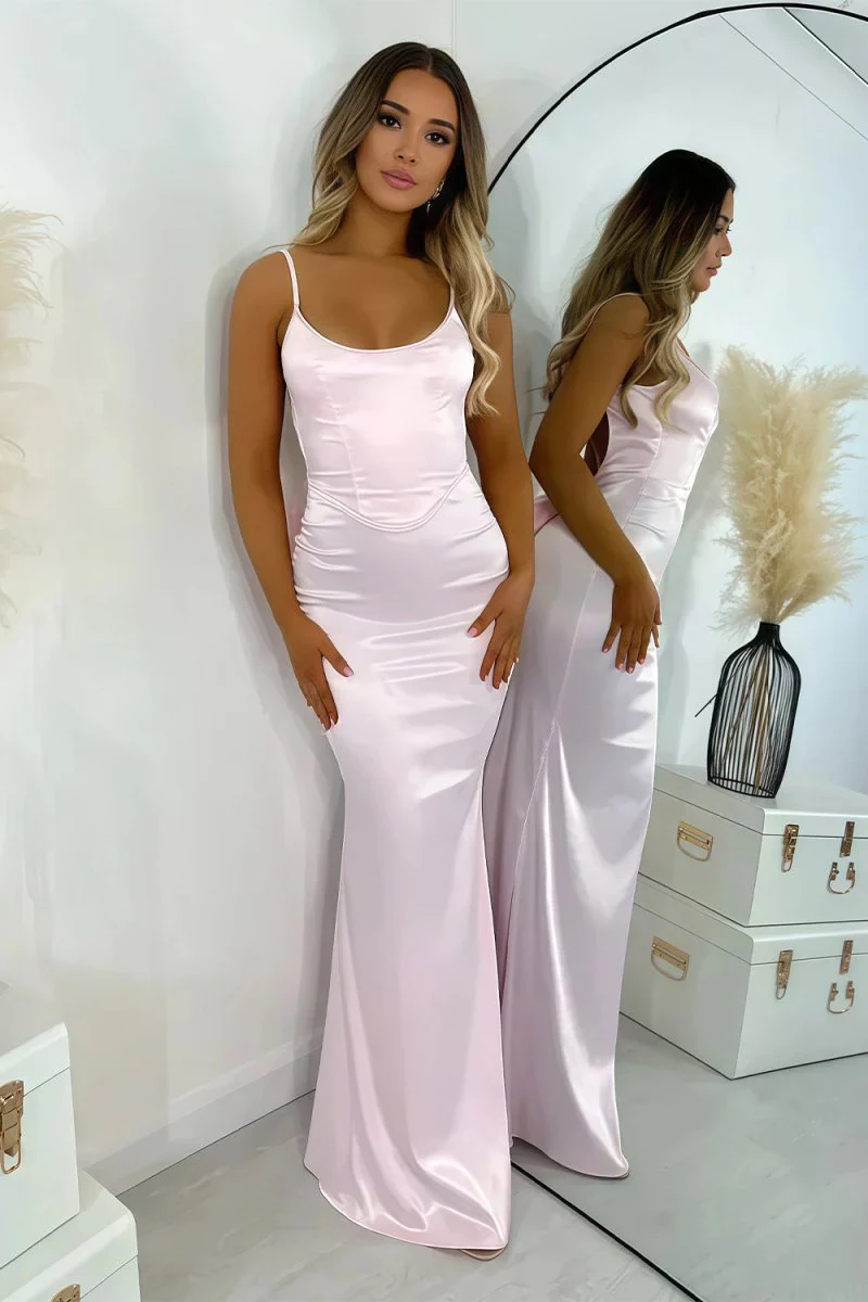 Pink - Mermaid Spaghetti Straps Satin Long Prom Dresses with Bowknot