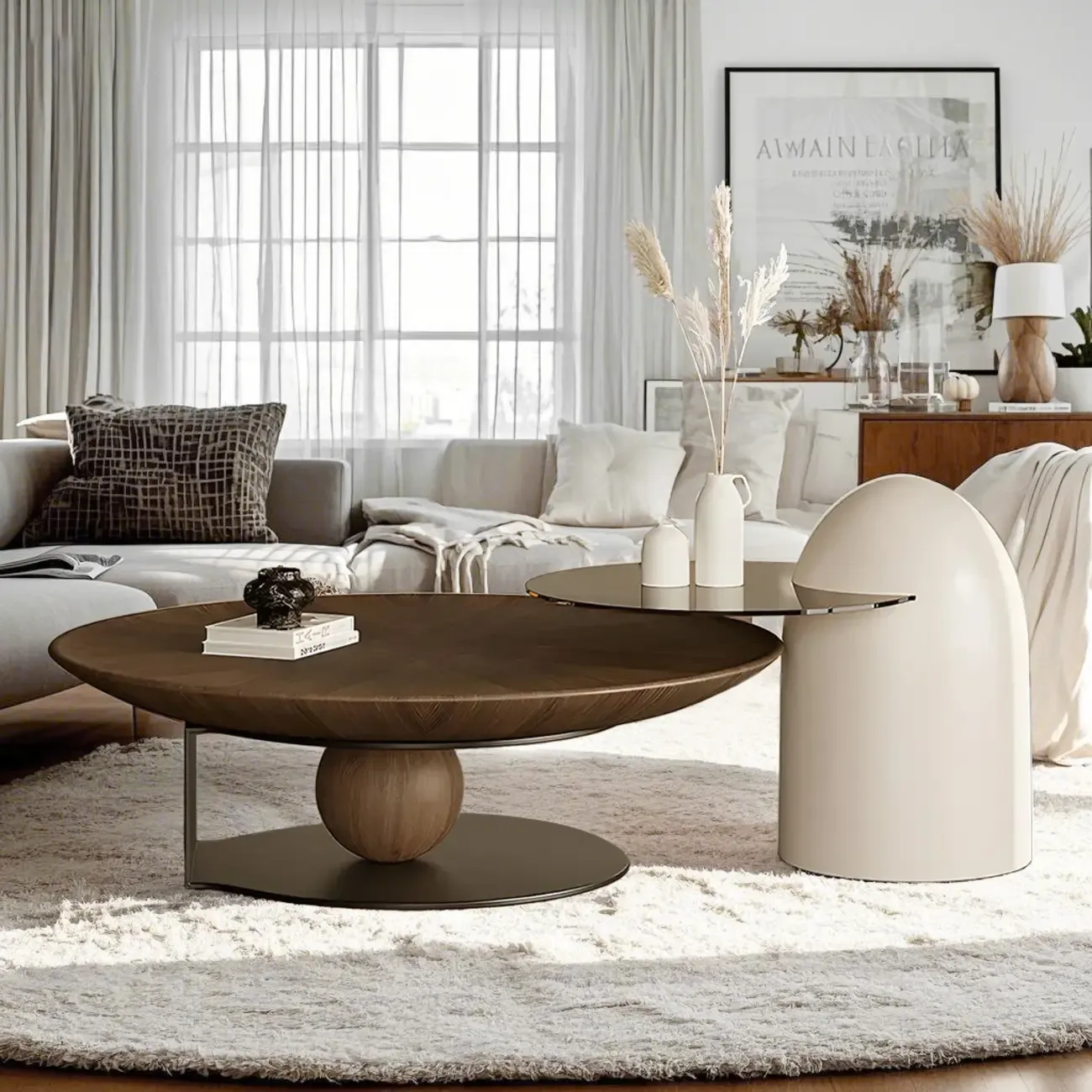 Brown Round Metal Base Wooden Coffee Table