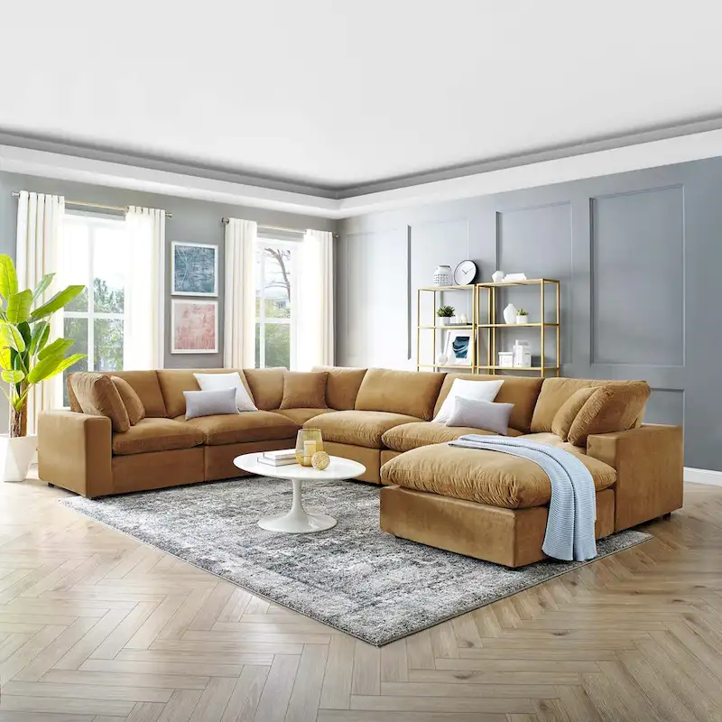 Velvet 7-Piece Sectional Sofa – Modern Style, Seats 7 | Light Gray / Cognac / Navy / Dusty Rose / White / Gray / Green