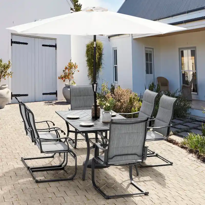 Patio 7-Piece Textilene and Iron Dining Set with Umbrella Hole