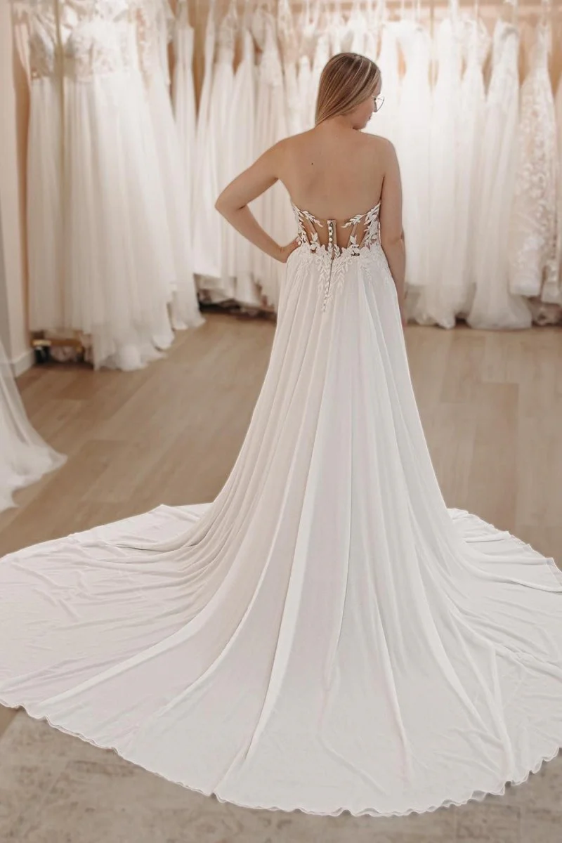 White Sweetheart Long Lace Boho Wedding Dress with Slit