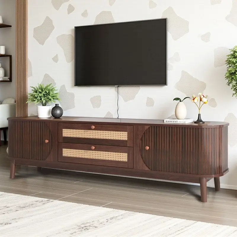 Rattan TV Stand for TVs Up to 75 , Media Console Entertainment Center with Solid Wood Legs