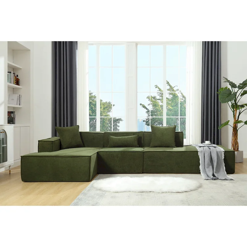 Green 129.5 Minimalist Modular L-Shaped 4 Seater Sectional Sofa Set with Chaise, Versatile Free-Combination Design