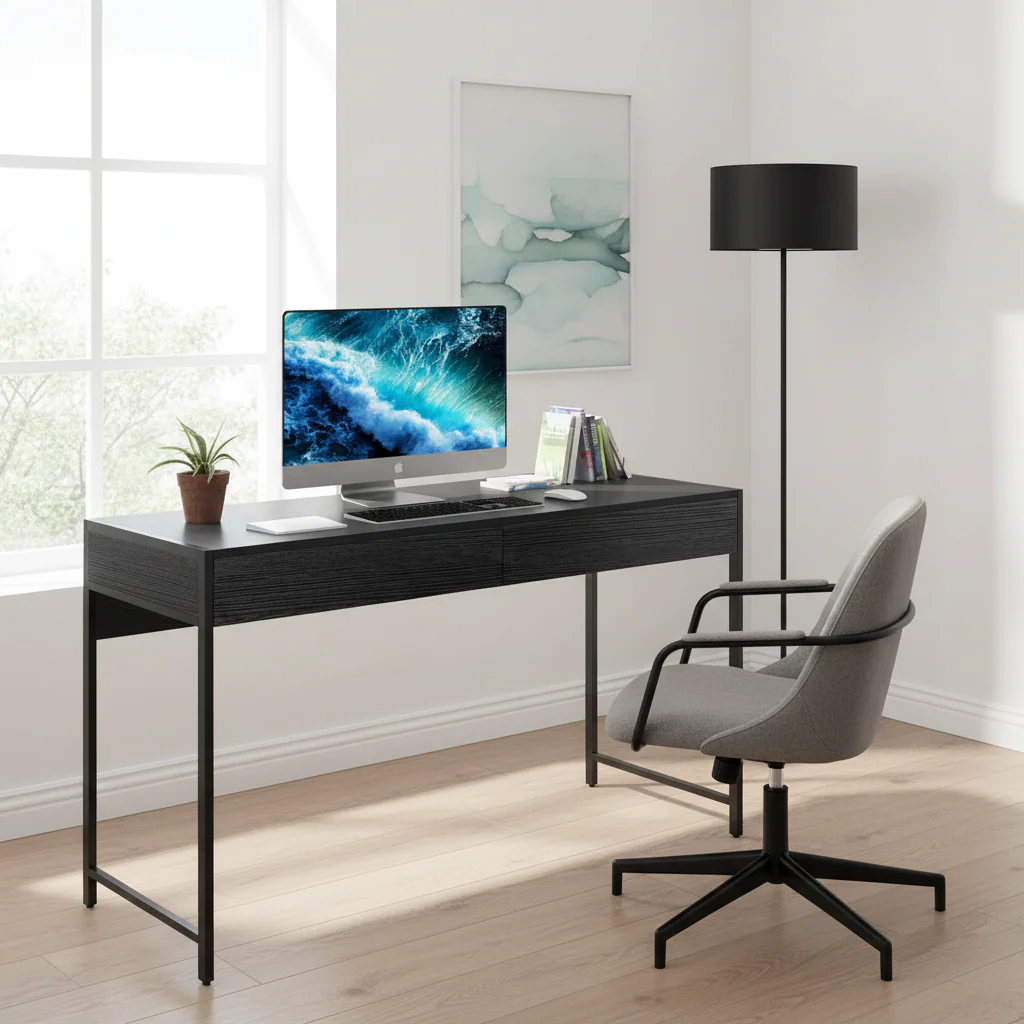 Writing Desk with 2 Drawers - Engineered Wood and Steel - 44 Inch