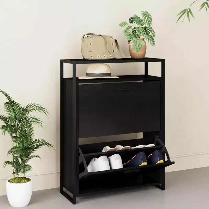 eHemco 2-Door Shoe Cabinet with Shelf, Modern Storage Organizer, Black Metal Frame, 2 Flip Drawers