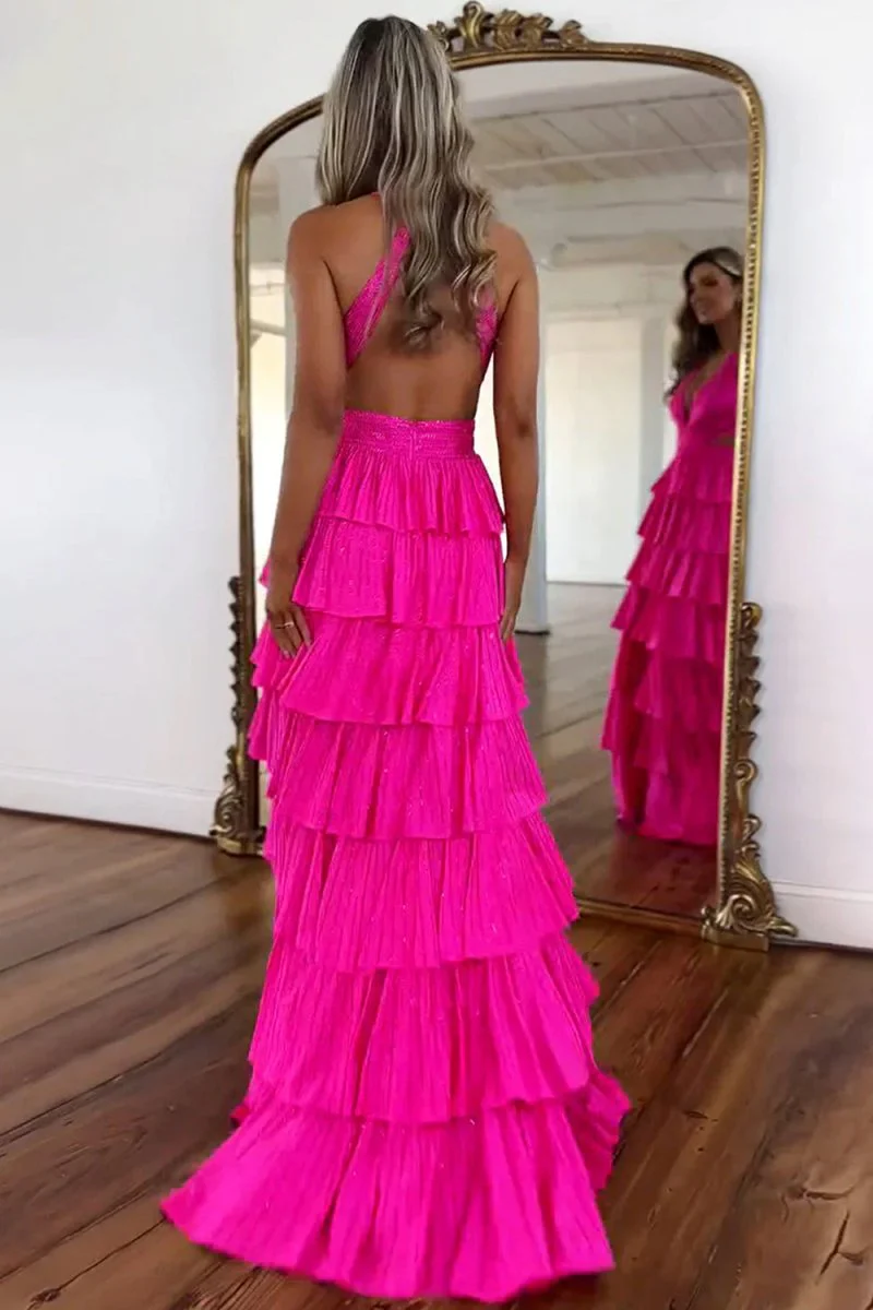 Hot Pink - A-Line V Neck Satin Beaded Long Prom Dresses With Ruffles