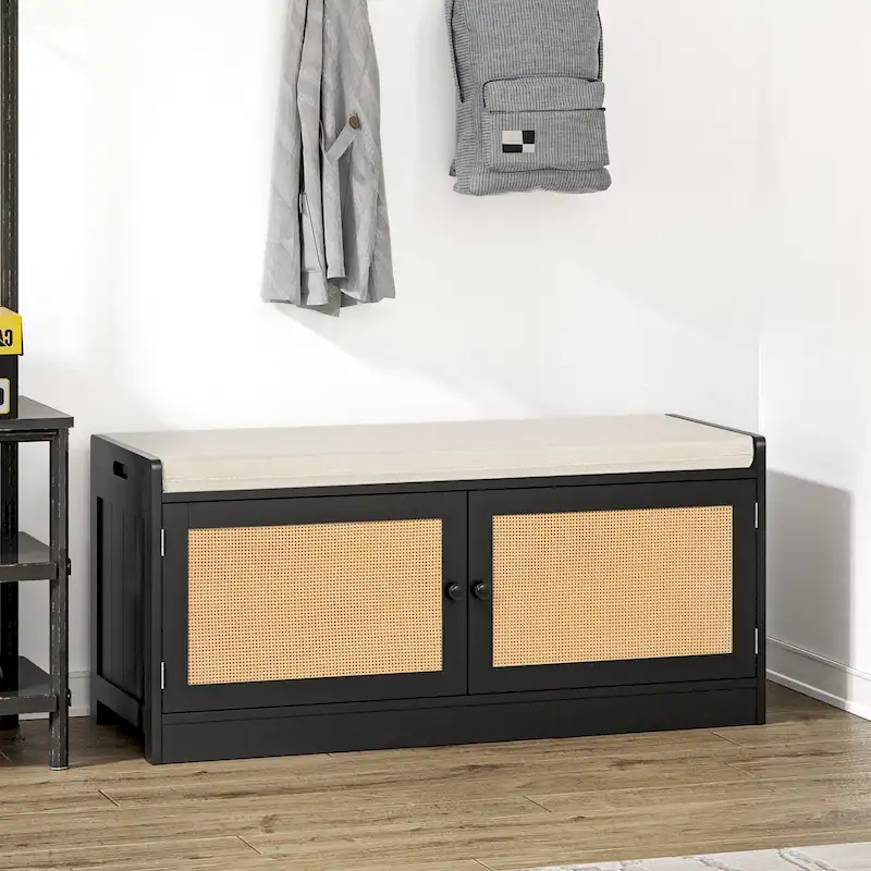 Modern Wood Rattan Shoe Storage Bench with Cushion and Adjustable Shelves for Entryway - 39.8 W x 15.7 D x 18.1 H