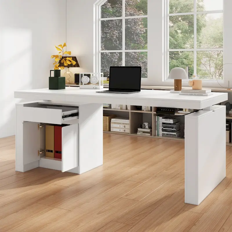 White Height-Adjustable Desk with Side Storage Cabinet – 1 Person