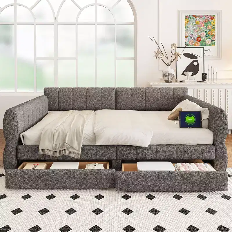 Queen Size Platform Bed, Upholstered Storage Bed Frame with USB Ports and 2 Drawers/Trundle - ModernLuxe