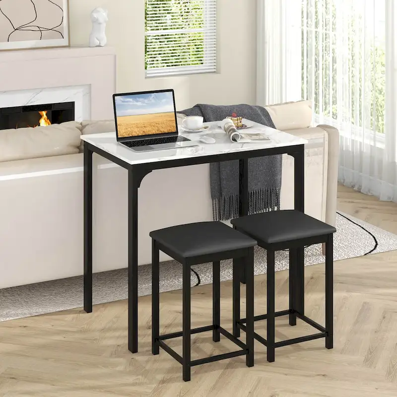 3 Piece Counter Height Dining Set Faux Marble Table 2 Chairs