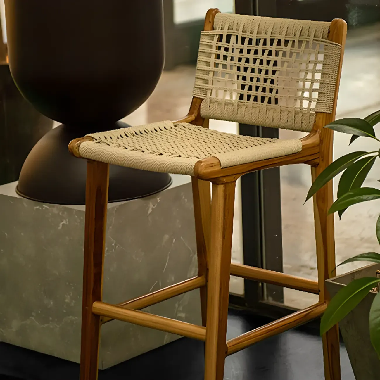 Rustic Wood Wicker Seat Counter Bar Stools with Back