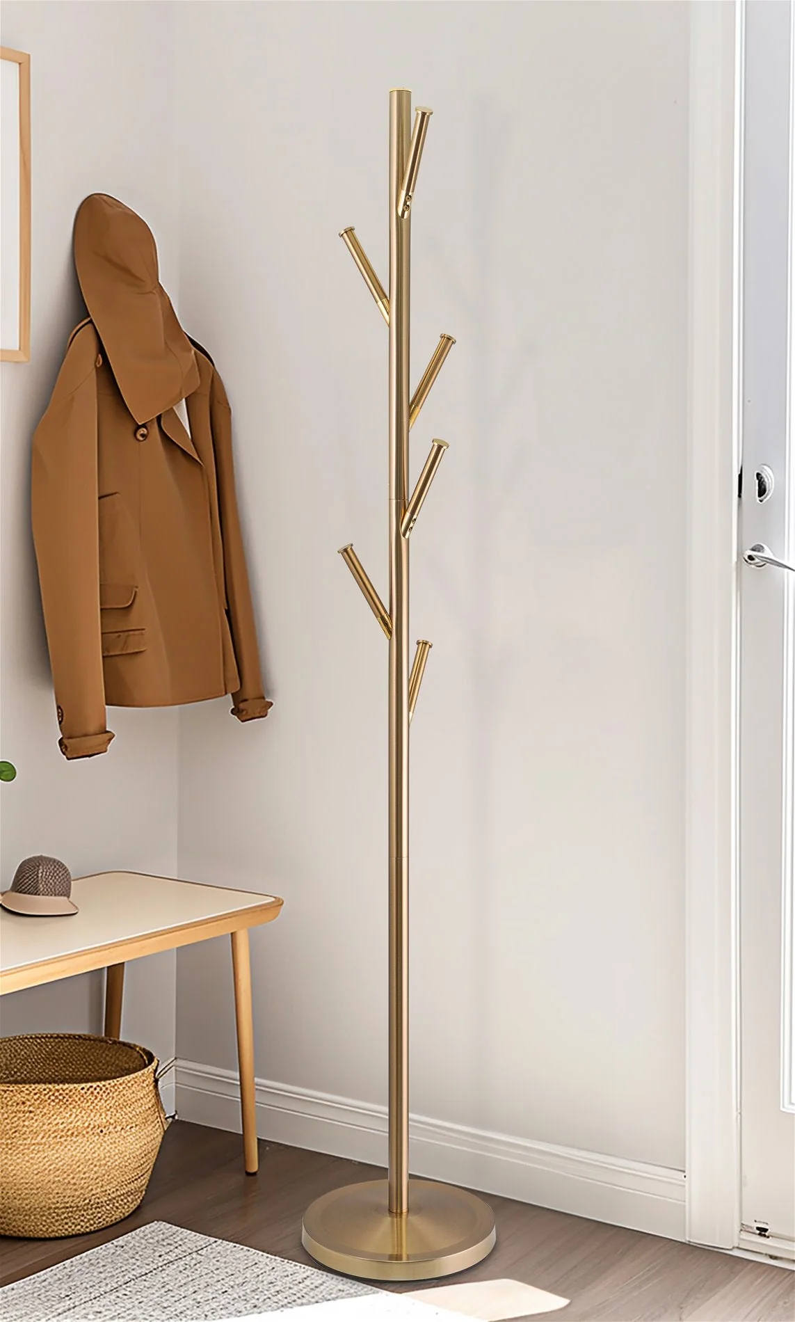 Addison 68 Modern 6 Hook Free Standing Metal Coat Rack, Cool Brass