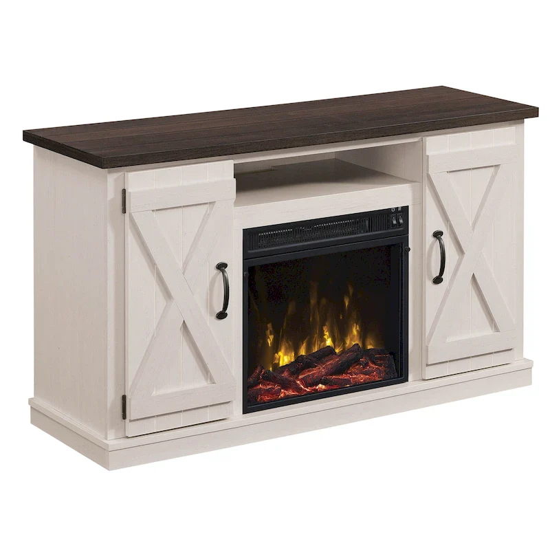White / Old Wood White Farmhouse TV Stand with Electric Fireplace, Fits TVs up to 55