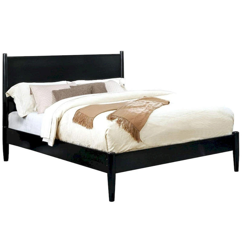 Wooden California King Size Bed with Panel Headboard, Black