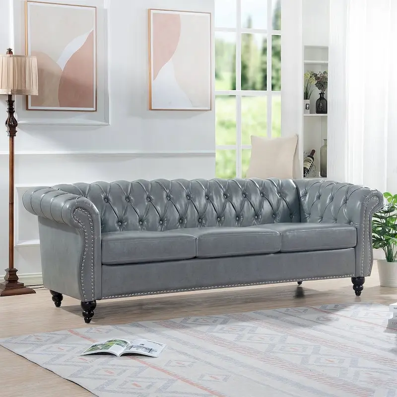 Tufted Sofa - Faux Leather, Rolled Arms Design, Seats 3