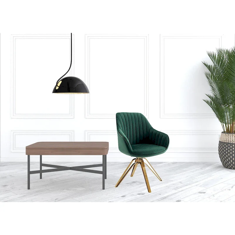 HomeRoots 23 Green Velvet And Gold Swivel Arm Chair - 23