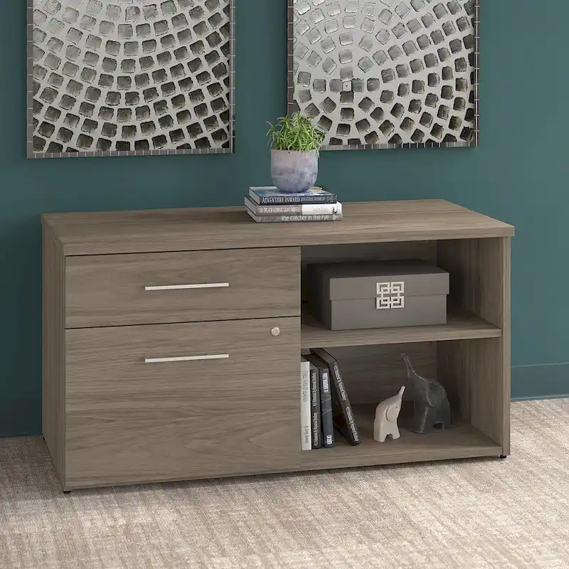 Low Storage Cabinet with File Drawer – Multiple Finishes, Locking Drawers, Home Office
