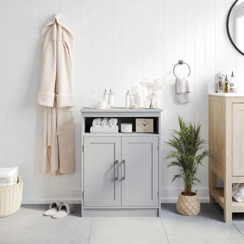 White / Gray Freestanding Bathroom Storage Cabinet with Shelves – 1 Person