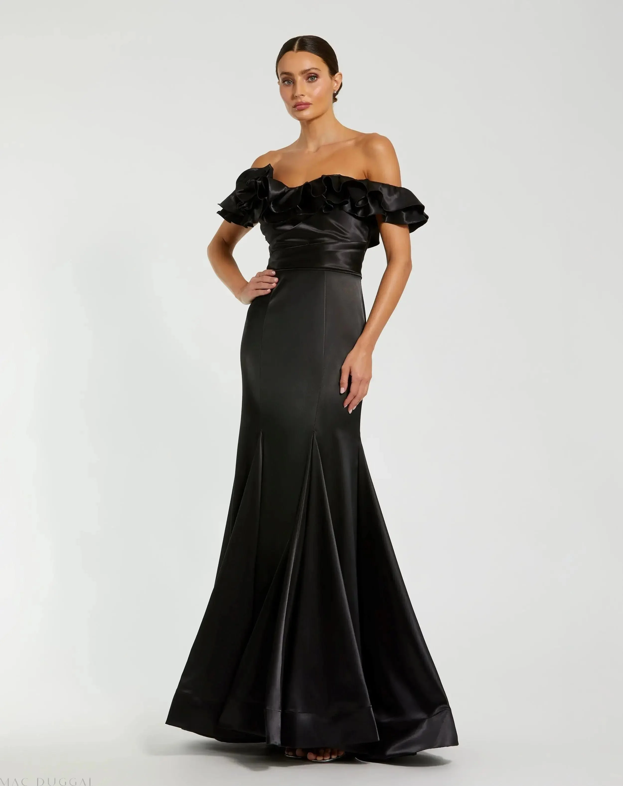 Black Satin Ruffle Off the Shoulder Mermaid Gown
