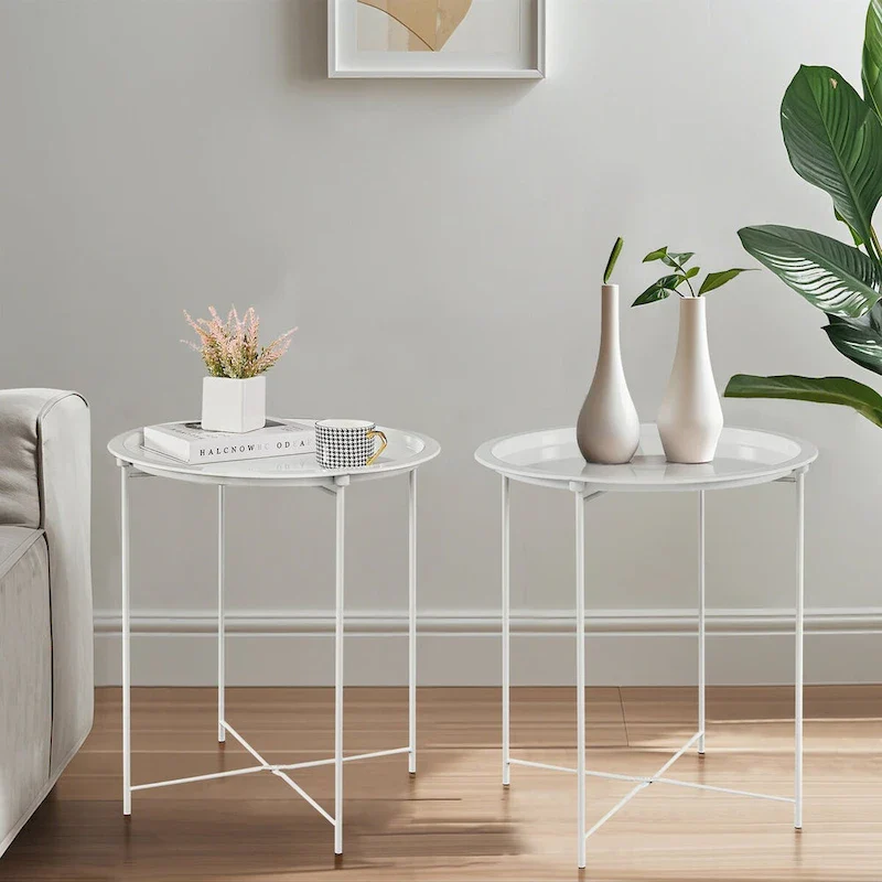 Folding Round TV Tray Tables, Small Round Steel Side Table, No Assembly Required - 18.5 x 18.5 x 19.7 in