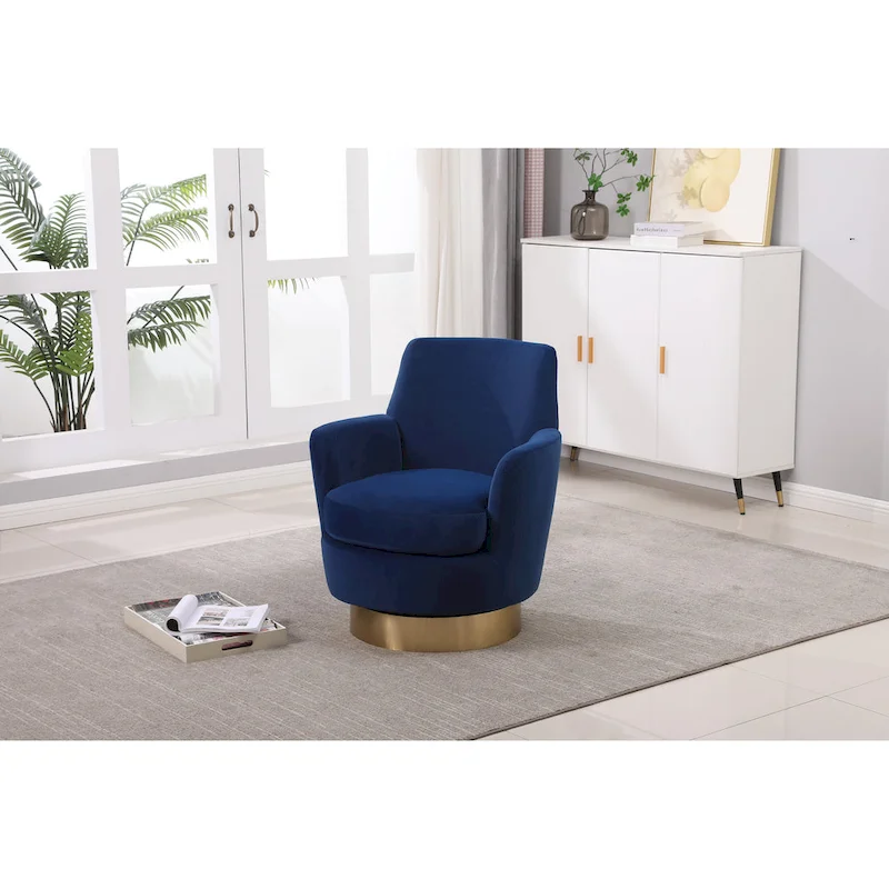 Navy Velvet 29.3 Upholstered Swivel Barrel Chair with Stainless Steel Base