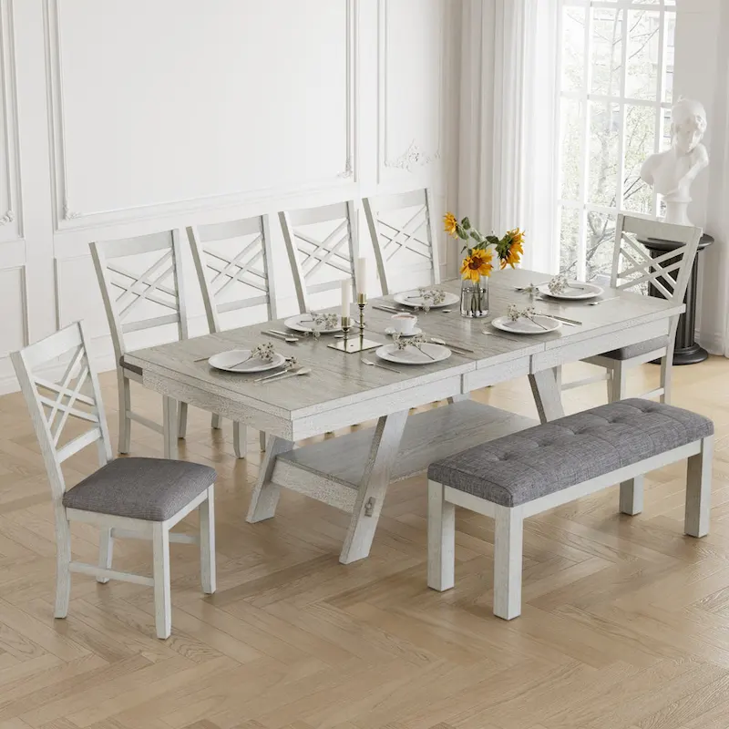 Solid Wood Rectangular Extendable Dining Table with Bench