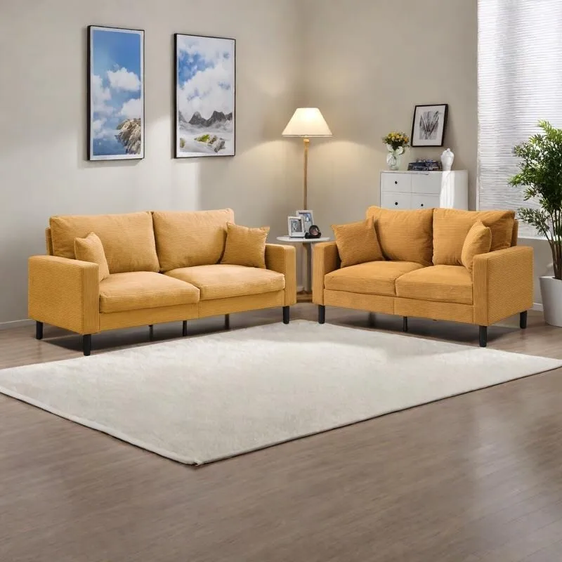 5-Seat Corduroy Sofa Set (3+2 Seater) – Orange / Light Grey / Dark Gray