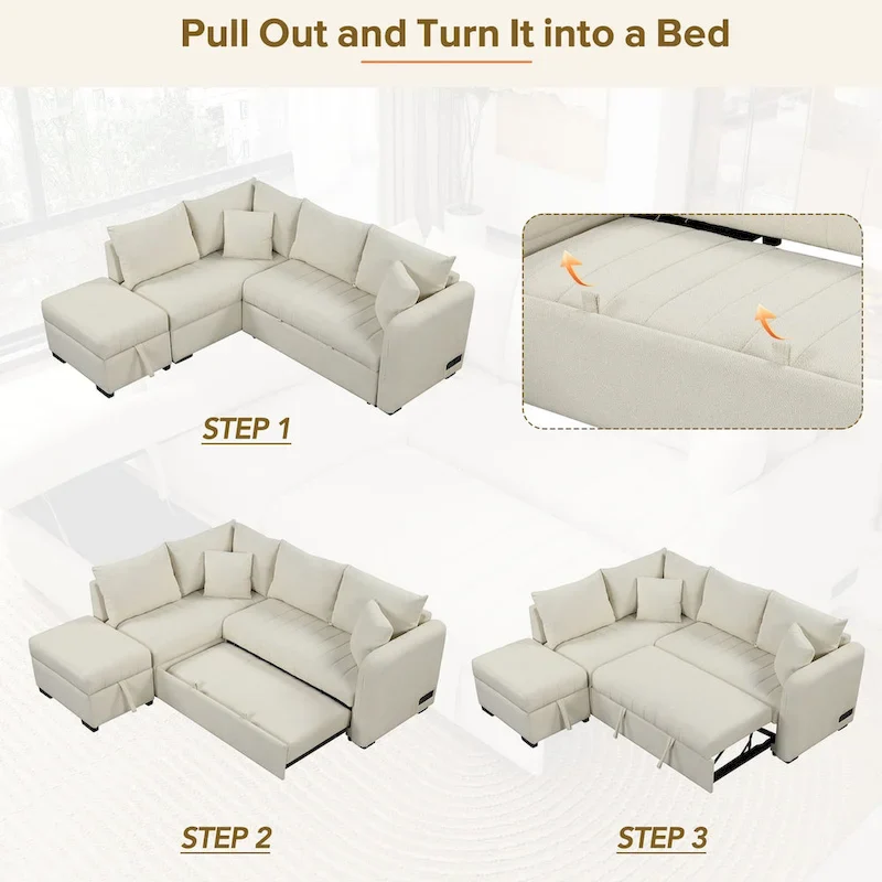 L-Shaped Sectional Pull Out Sleeper Sofa Bed with USB & Power Sockets, Beige
