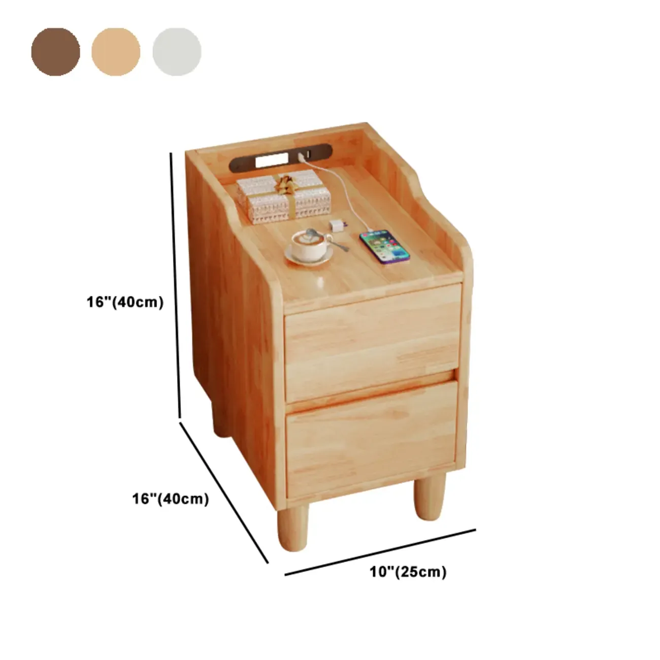 Brown Wood USB-Charging Drawers Nightstand with Lighting