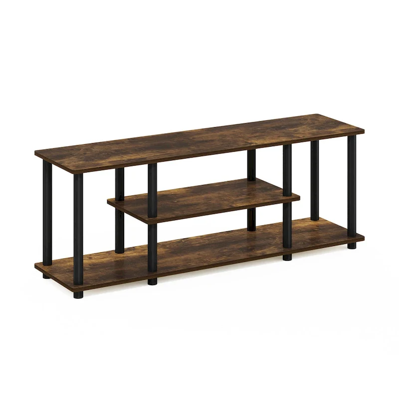 Amber Pine/Black & White 3-Tier Open TV Stand, 1-Person Assembly