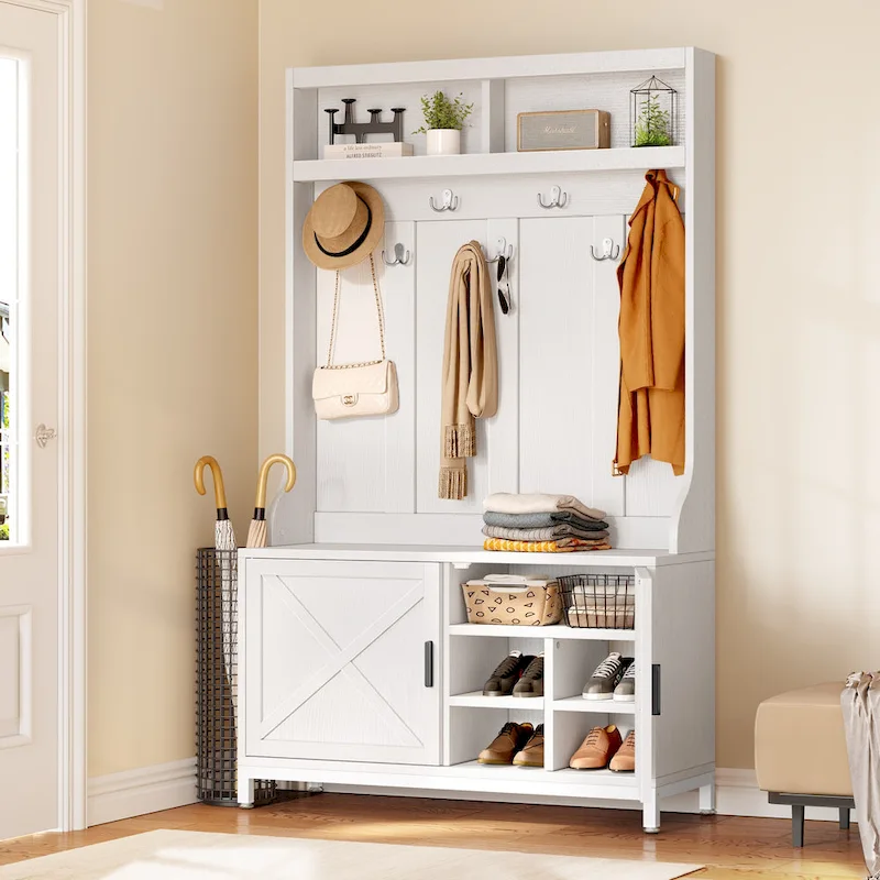 White & Grey Farmhouse Hall Tree with Bench, Shoe Storage & Coat Hooks