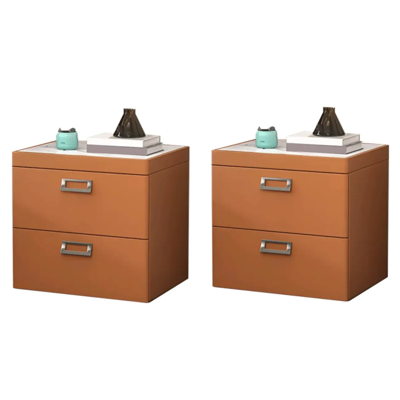 Modern Faux Leather 2 Drawers Nightstand with Stone Top