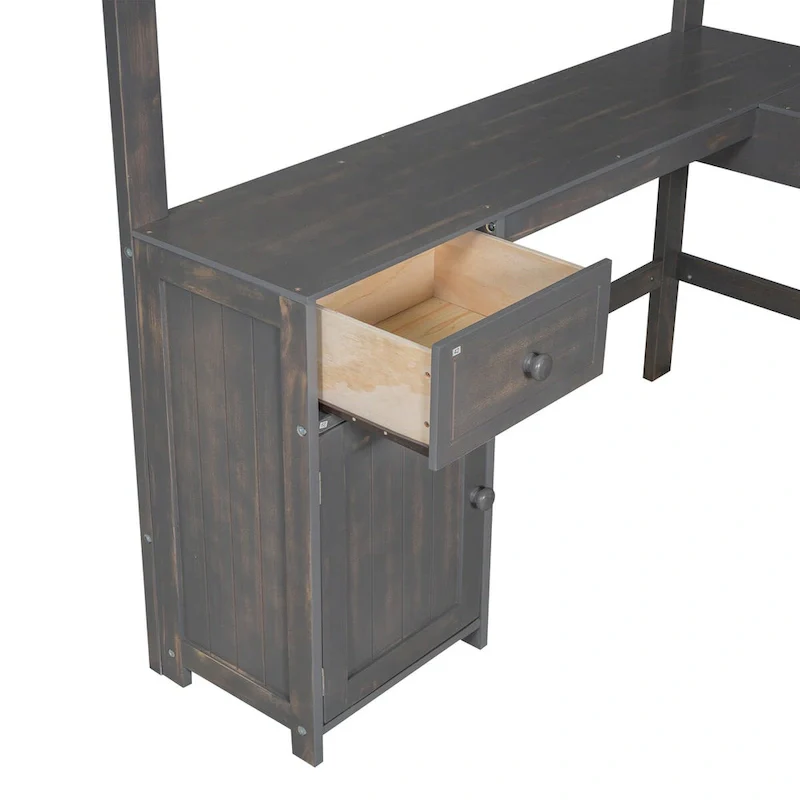 Full Size Loft Bed with U-shaped Desk, Drawers and Storage Shelves