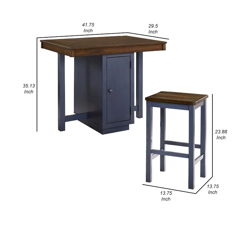 5 Piece Counter Height Dining Table Set, 4 Stools, Antique Oak, Blue Wood