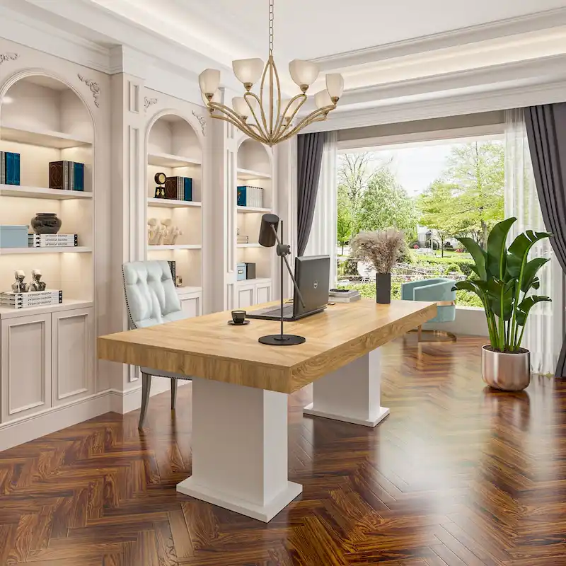 Wooden Conference Table with White Base Meeting Table Computer Desk